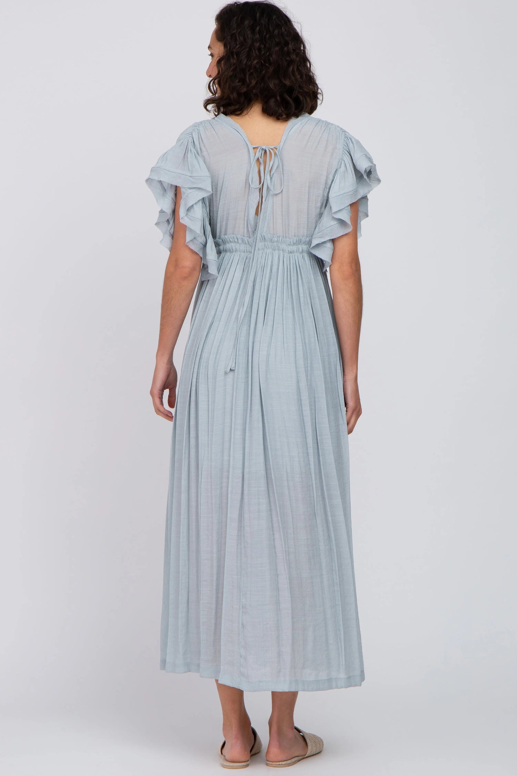 PinkBlush Light Blue Deep V - Neck Button Down Maxi Dress - 