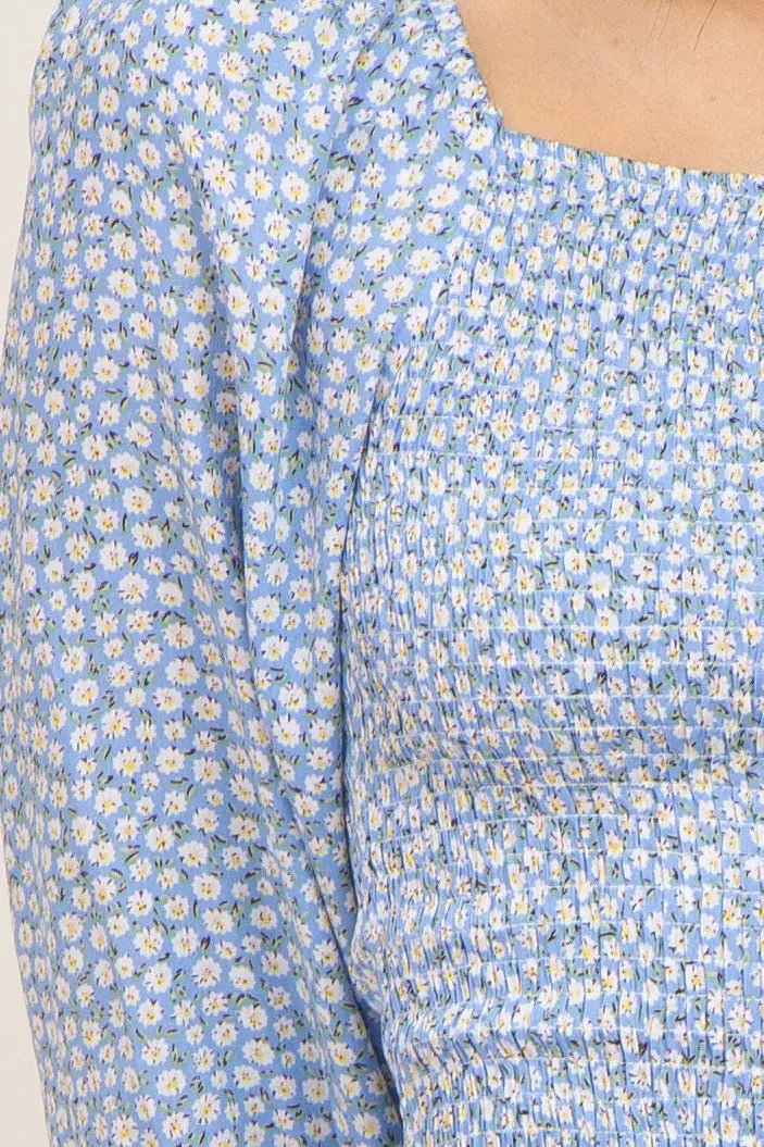 PinkBlush Light Blue Ditsy Floral Smocked Long Sleeve Mini Dress - 