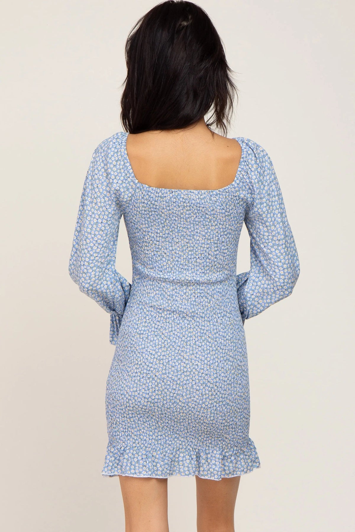 PinkBlush Light Blue Ditsy Floral Smocked Long Sleeve Mini Dress - 