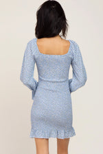 PinkBlush Light Blue Ditsy Floral Smocked Long Sleeve Mini Dress - 