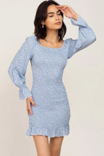 PinkBlush Light Blue Ditsy Floral Smocked Long Sleeve Mini Dress - 