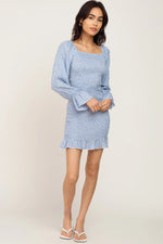 PinkBlush Light Blue Ditsy Floral Smocked Long Sleeve Mini Dress - 