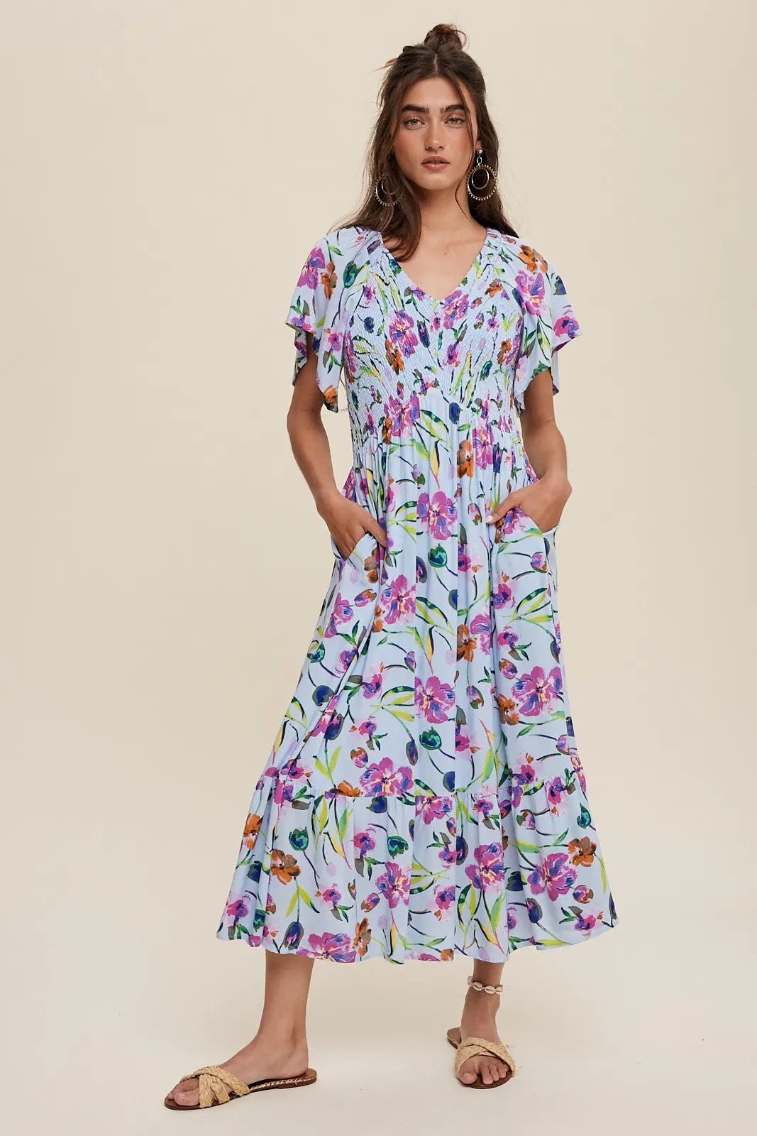 PinkBlush Light Blue Floral Flutter Sleeve Smocked Maternity Midi Dress - 