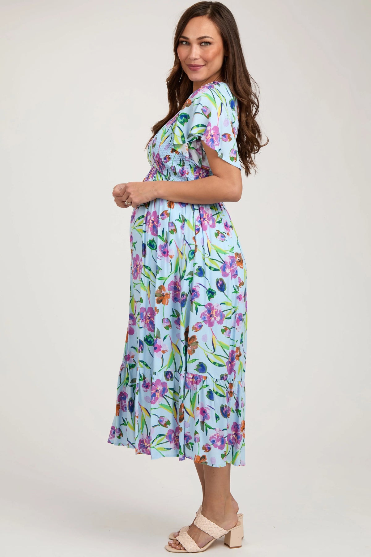PinkBlush Light Blue Floral Flutter Sleeve Smocked Maternity Midi Dress - 