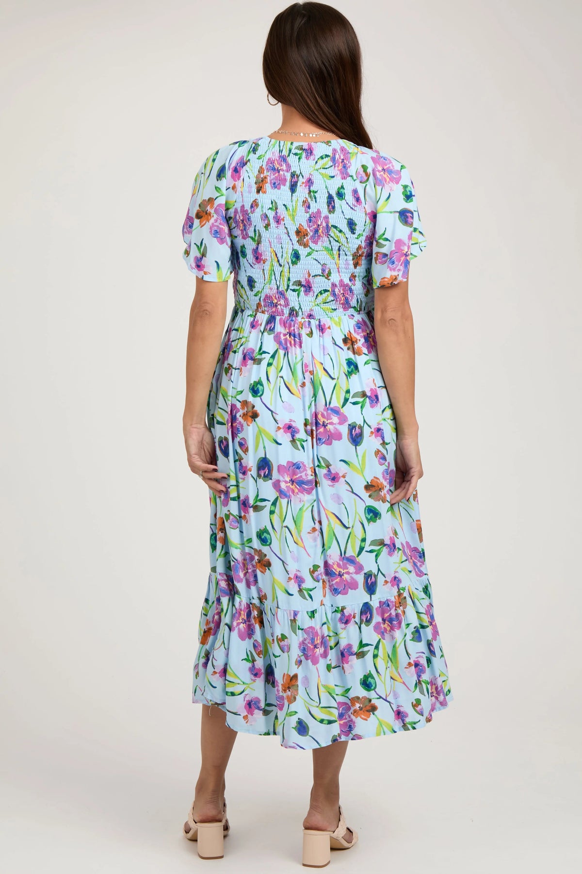 PinkBlush Light Blue Floral Flutter Sleeve Smocked Maternity Midi Dress - 