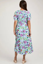 PinkBlush Light Blue Floral Flutter Sleeve Smocked Maternity Midi Dress - 
