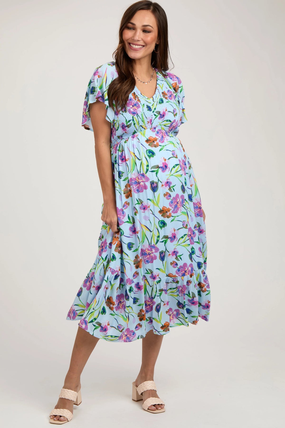 Light Blue Floral Flutter Sleeve Smocked Maternity Midi Dress - Day Dress, One-piece garment, Photo shoot, Borages, Person | Everetts Place