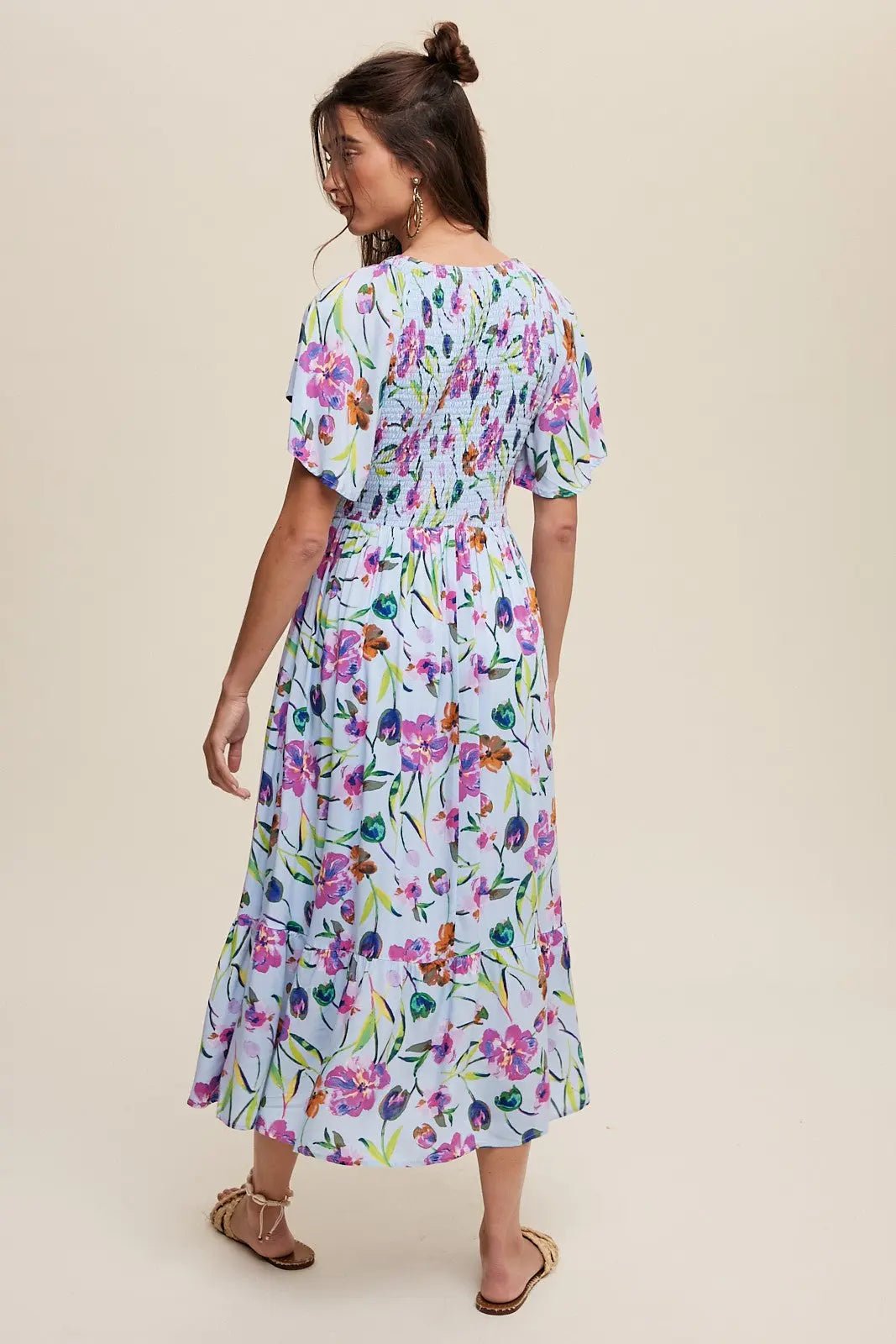 PinkBlush Light Blue Floral Flutter Sleeve Smocked Midi Dress - 