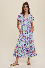 Light Blue Floral Flutter Sleeve Smocked Midi Dress - Day Dress, One-piece garment, Person, Dress, Sandal | Everetts Place