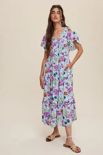 PinkBlush Light Blue Floral Flutter Sleeve Smocked Midi Dress - 