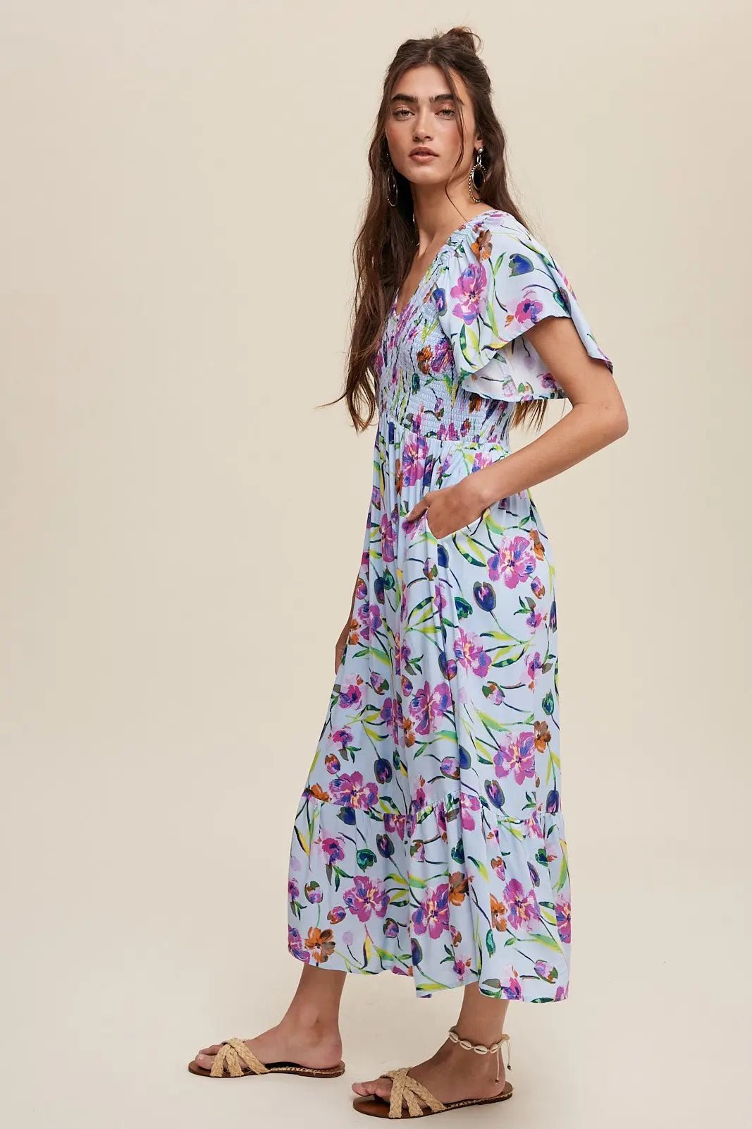 PinkBlush Light Blue Floral Flutter Sleeve Smocked Midi Dress - 