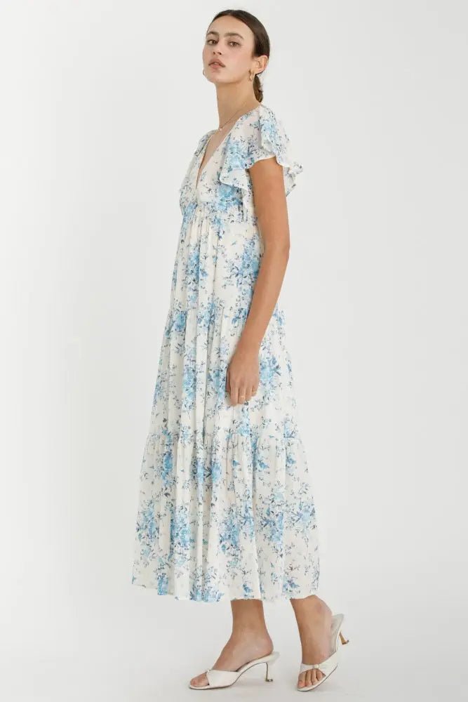 PinkBlush Light Blue Floral Flutter Sleeve Tiered Maxi Dress - 