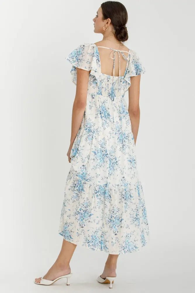 PinkBlush Light Blue Floral Flutter Sleeve Tiered Maxi Dress - 