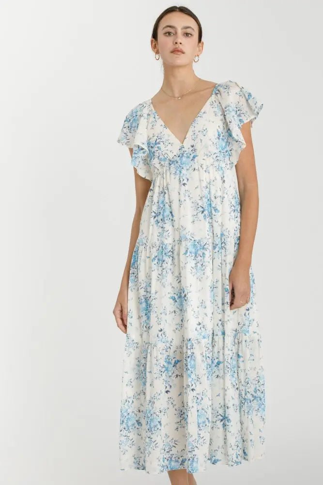 PinkBlush Light Blue Floral Flutter Sleeve Tiered Maxi Dress - 
