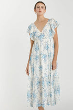 PinkBlush Light Blue Floral Flutter Sleeve Tiered Maxi Dress - 