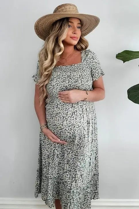 PinkBlush Light Blue Floral Ruffle Maternity Midi Dress - 
