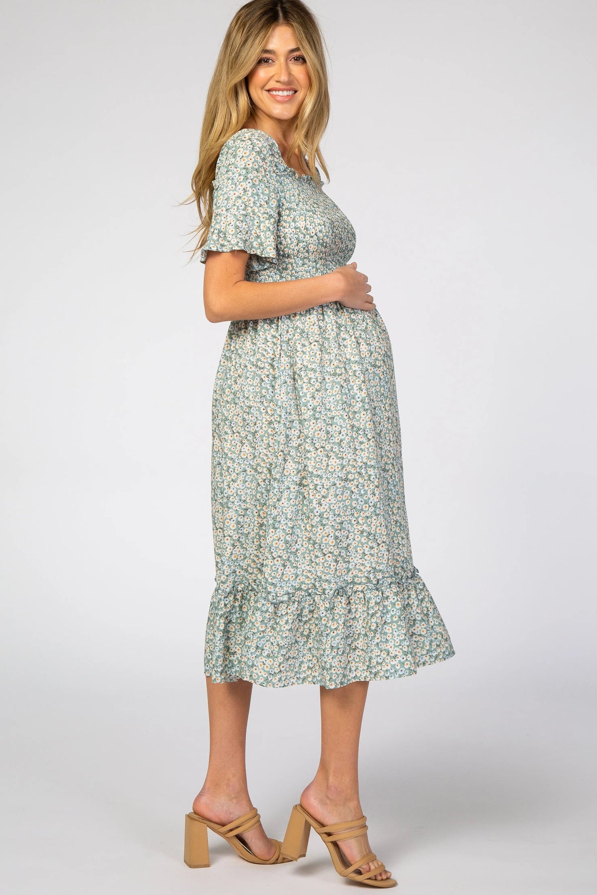 PinkBlush Light Blue Floral Ruffle Maternity Midi Dress - 