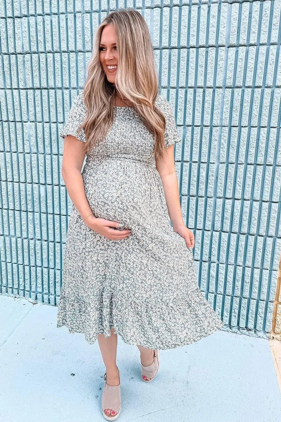 PinkBlush Light Blue Floral Ruffle Maternity Midi Dress - 