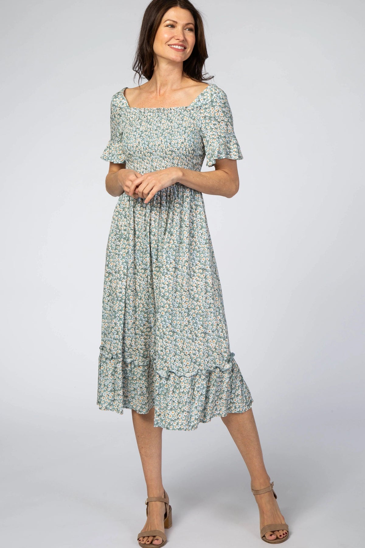 PinkBlush Light Blue Floral Ruffle Maternity Midi Dress - 