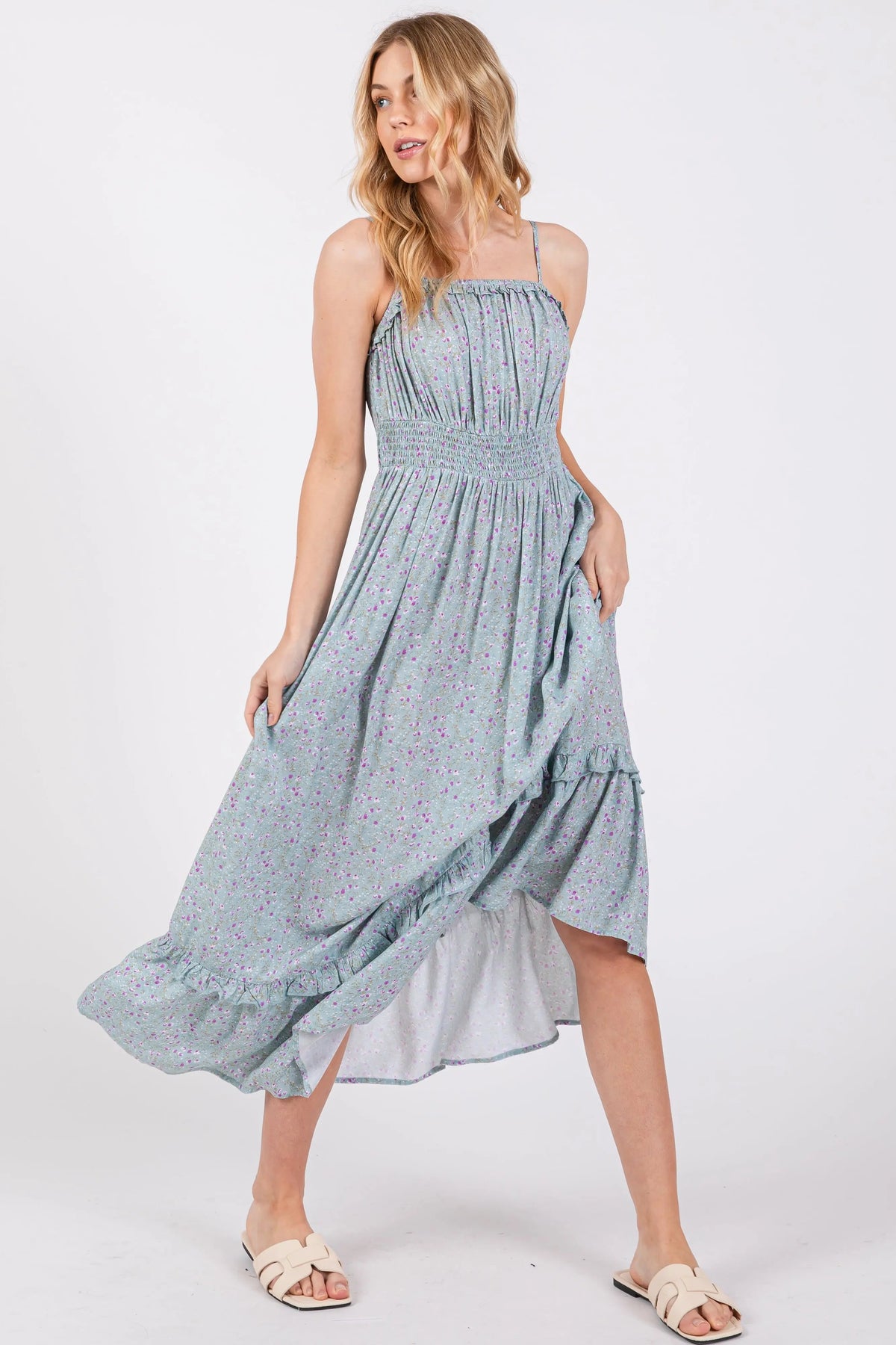 PinkBlush Light Blue Floral Ruffle Square Neck Smocked Waist Maxi Dress - 