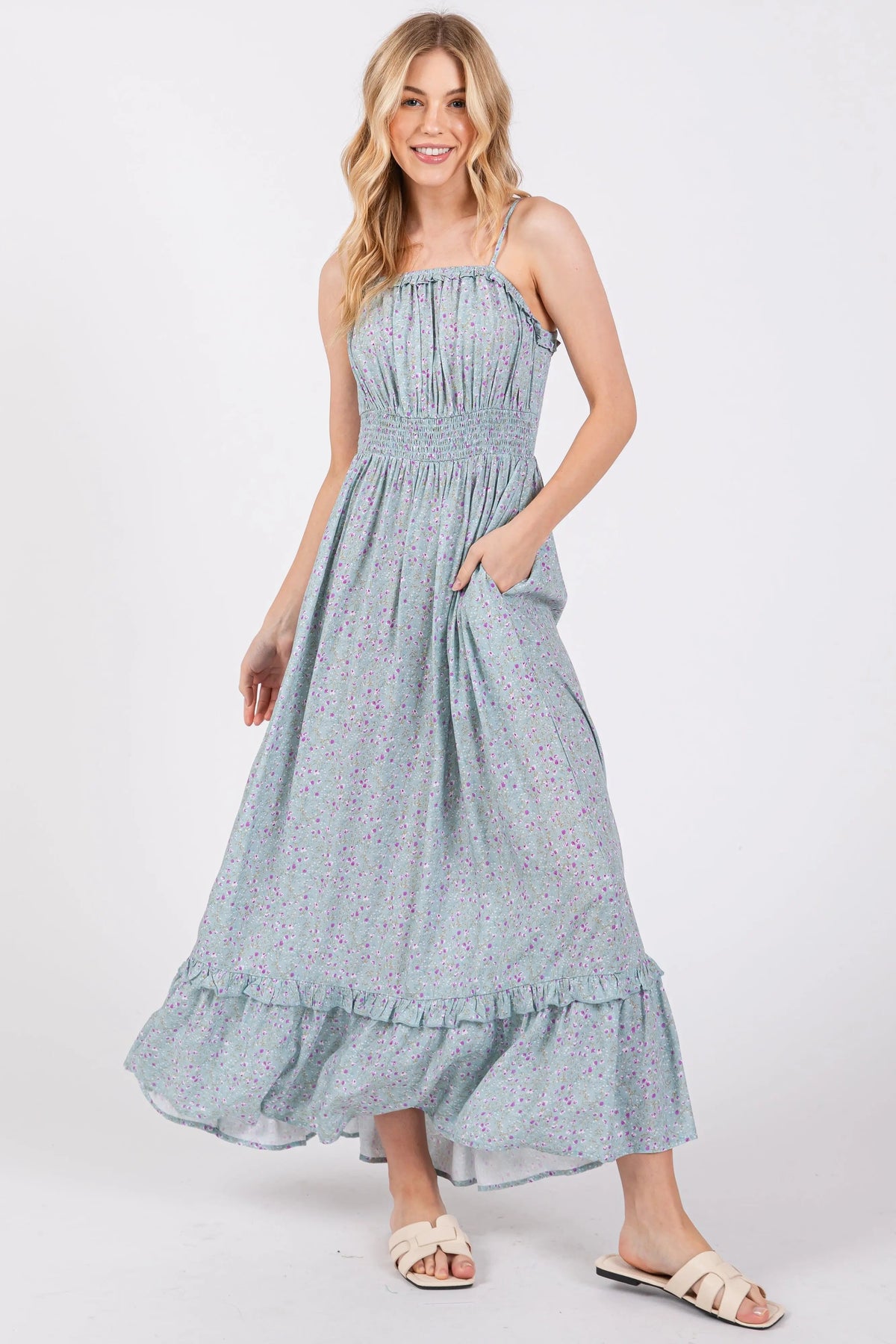PinkBlush Light Blue Floral Ruffle Square Neck Smocked Waist Maxi Dress - 