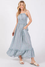 PinkBlush Light Blue Floral Ruffle Square Neck Smocked Waist Maxi Dress - 