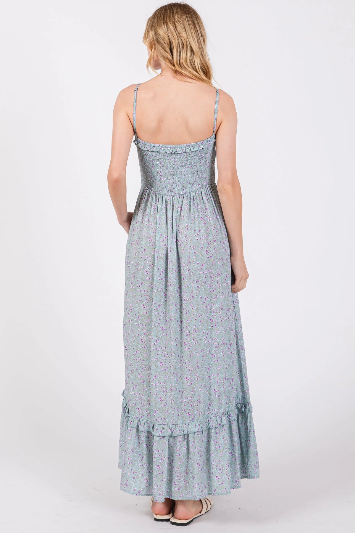 PinkBlush Light Blue Floral Ruffle Square Neck Smocked Waist Maxi Dress - 