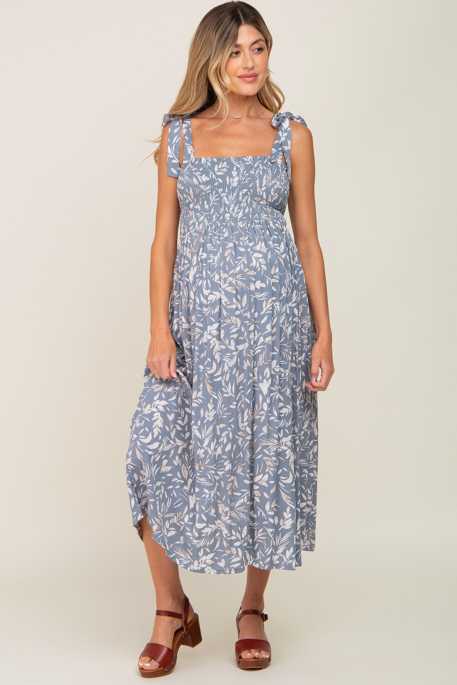 PinkBlush Light Blue Floral Smocked Shoulder Tie Maternity Midi DressEveretts Place