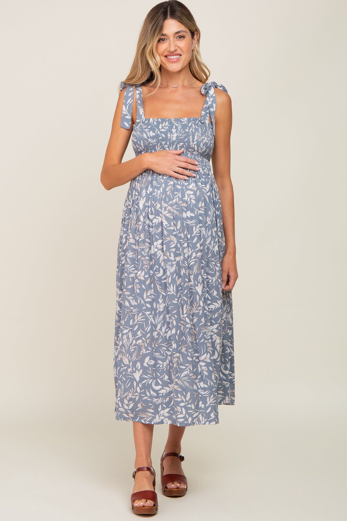PinkBlush Light Blue Floral Smocked Shoulder Tie Maternity Midi DressEveretts Place
