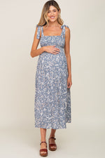 PinkBlush Light Blue Floral Smocked Shoulder Tie Maternity Midi DressEveretts Place