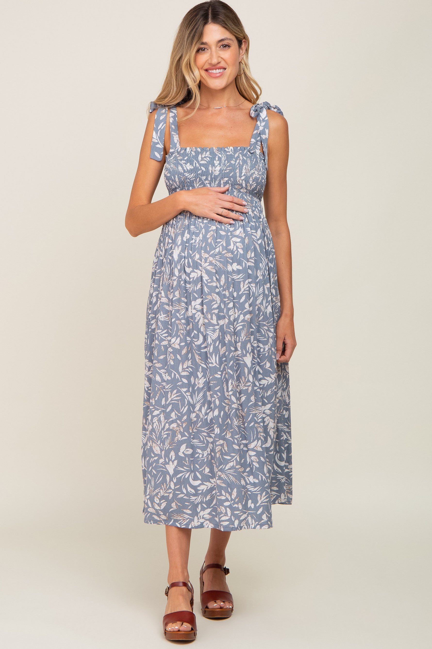 PinkBlush Light Blue Floral Smocked Shoulder Tie Maternity Midi DressEveretts Place