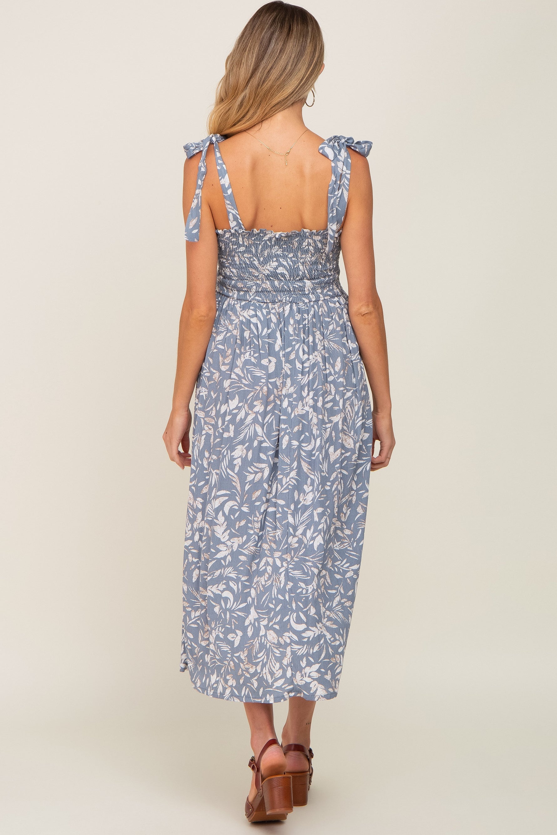 PinkBlush Light Blue Floral Smocked Shoulder Tie Maternity Midi DressEveretts Place