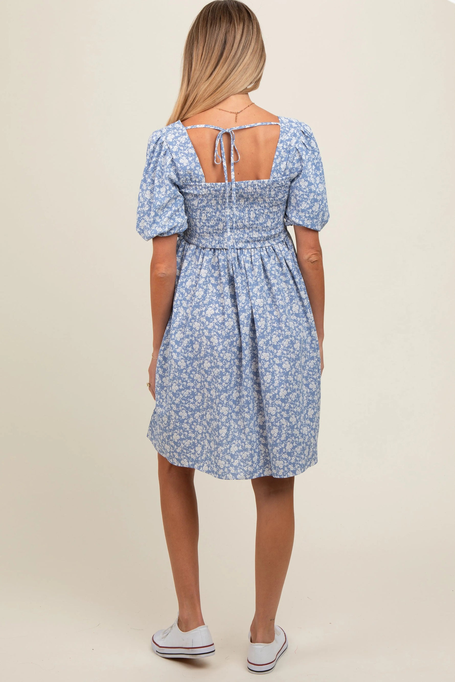 PinkBlush Light Blue Floral Smocked Tie Back Maternity Dress - 