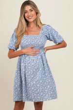PinkBlush Light Blue Floral Smocked Tie Back Maternity Dress - 