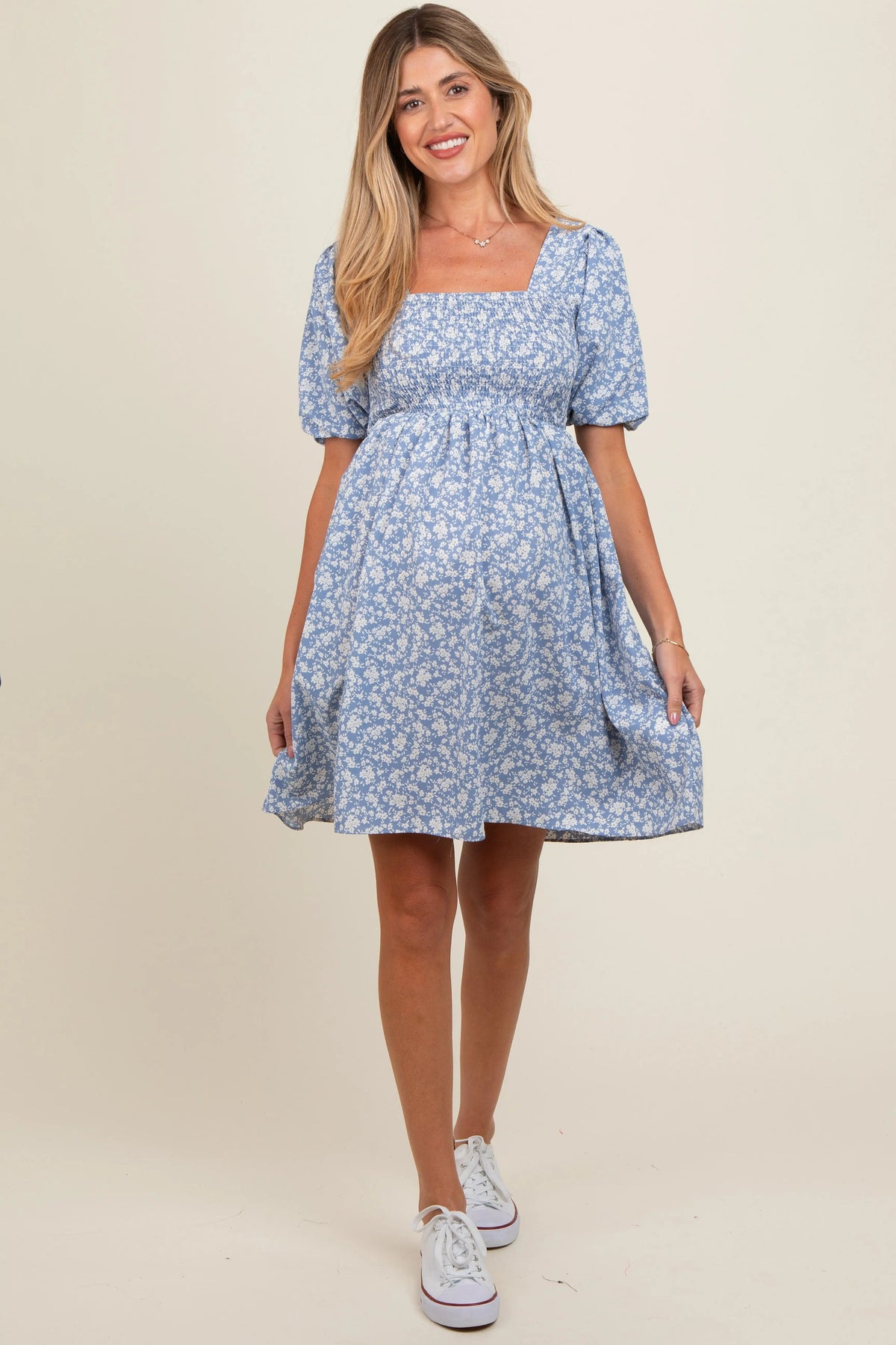 PinkBlush Light Blue Floral Smocked Tie Back Maternity Dress - 