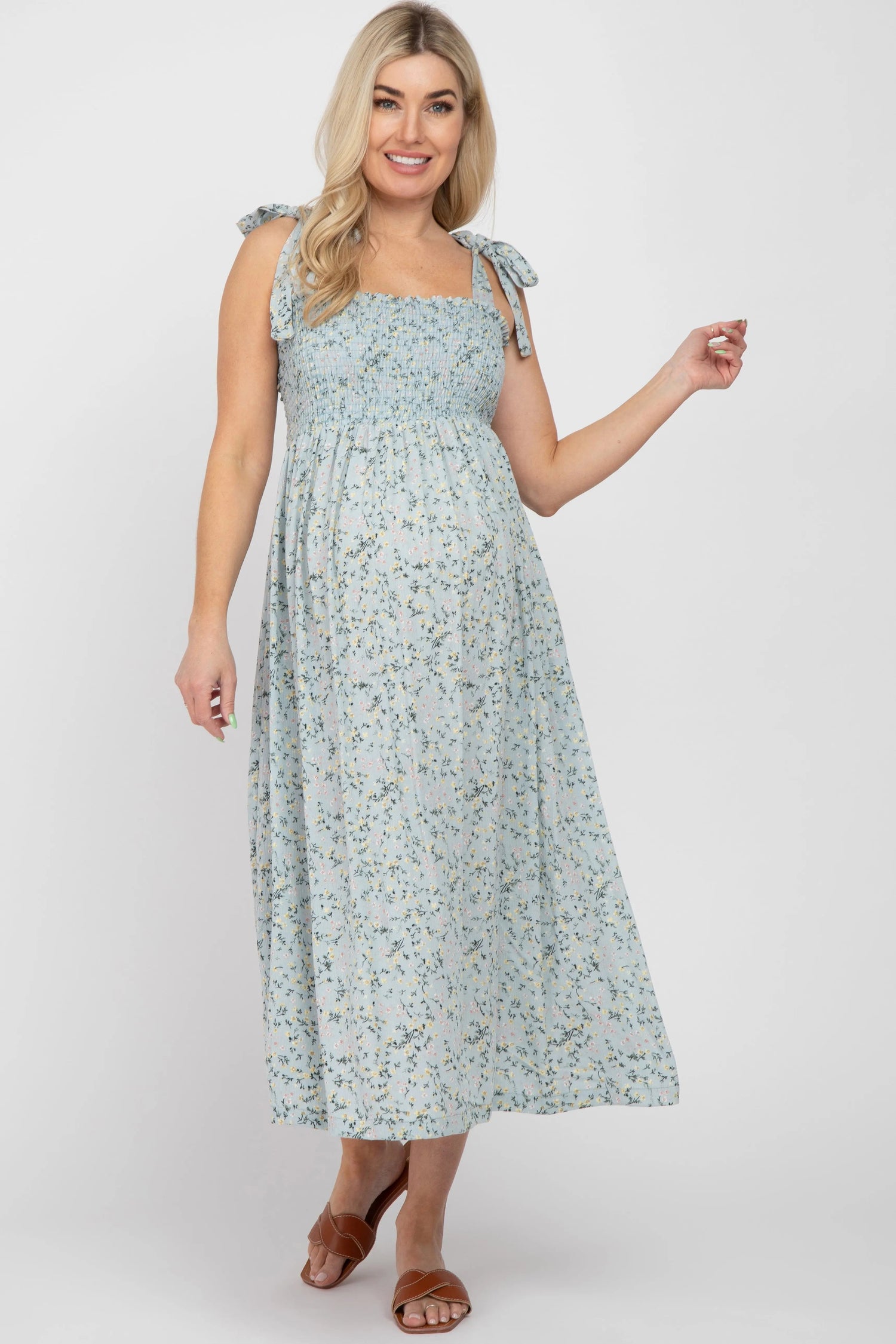 Light Blue Floral Smocked Tie Strap Maternity Midi Dress - Shoulder, Dress, Fashion, One-piece garment, Textile | Everetts Place