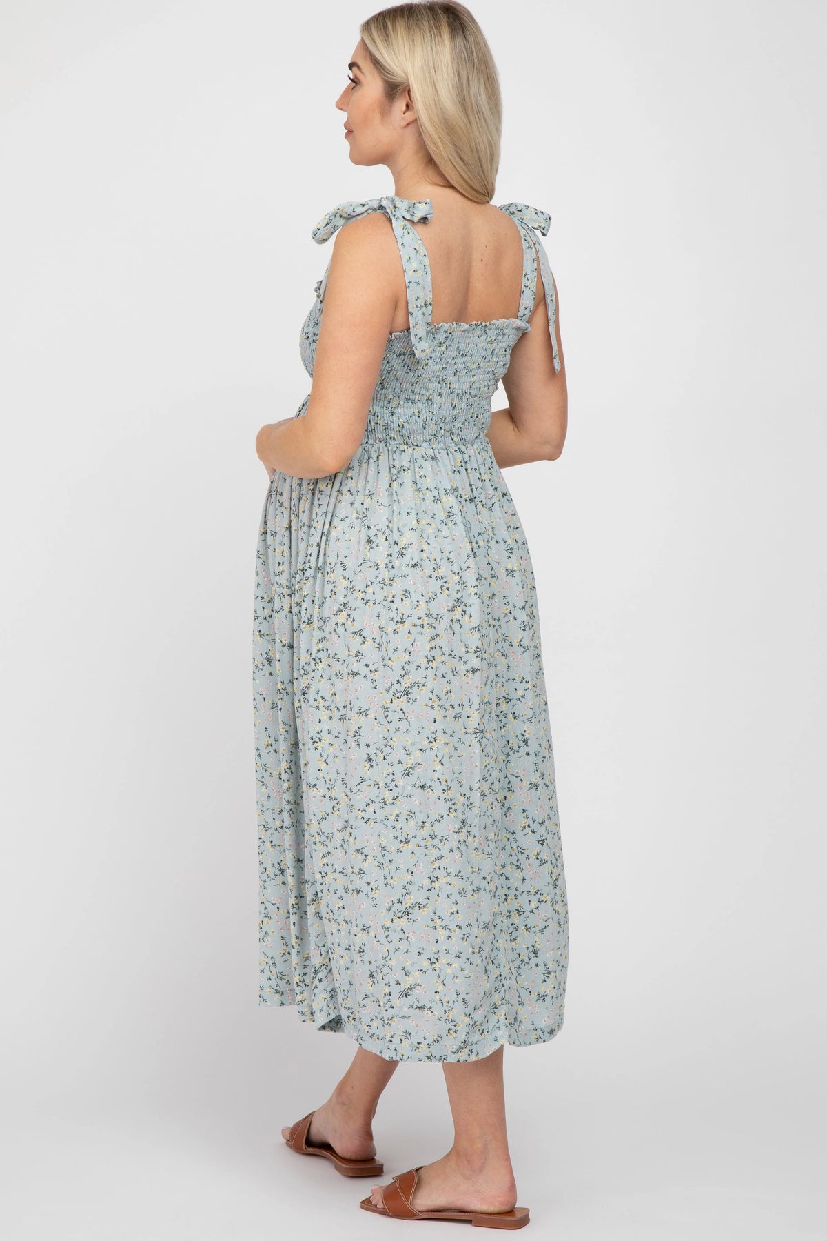 PinkBlush Light Blue Floral Smocked Tie Strap Maternity Midi Dress - 