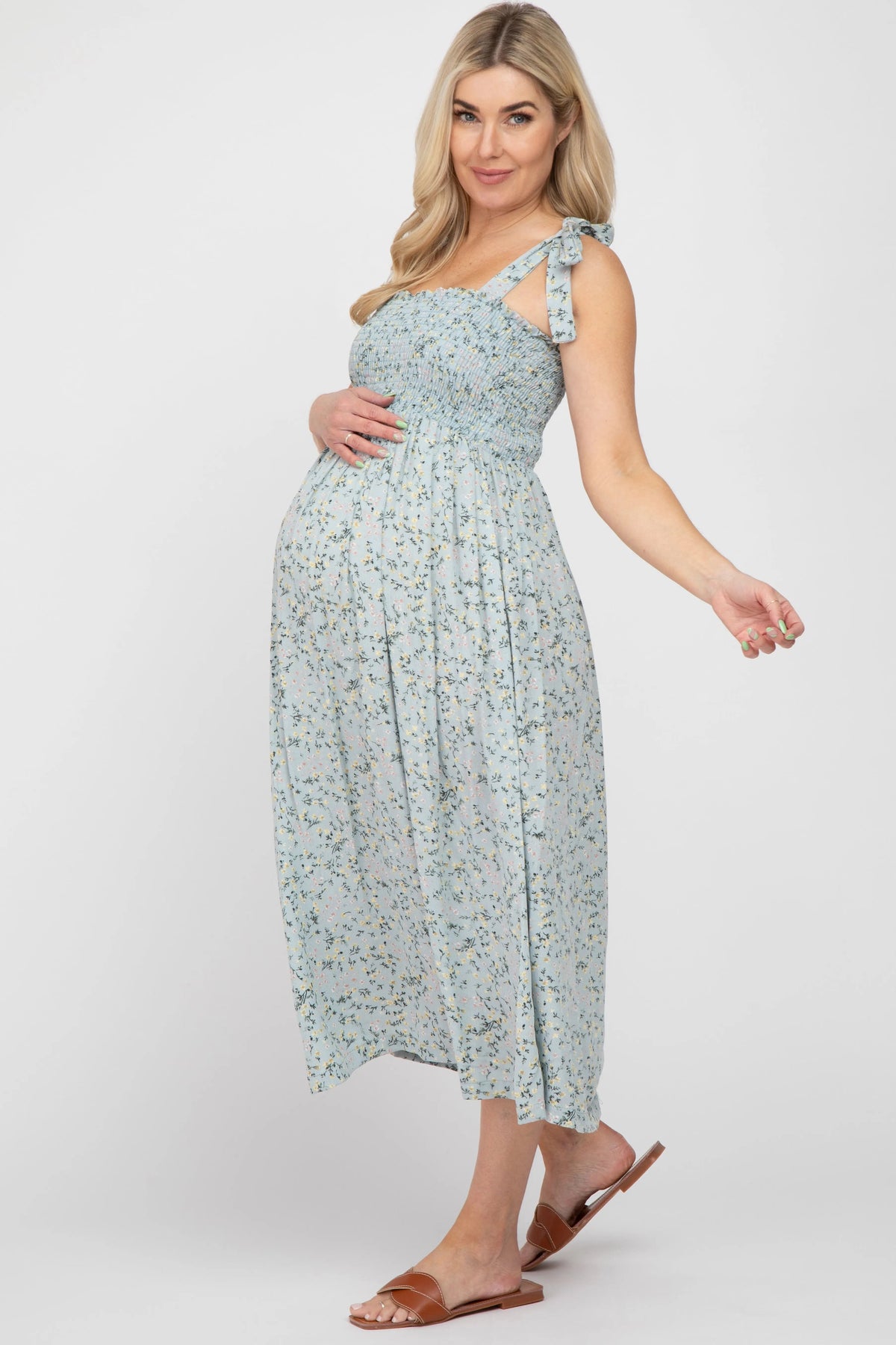 PinkBlush Light Blue Floral Smocked Tie Strap Maternity Midi Dress - 