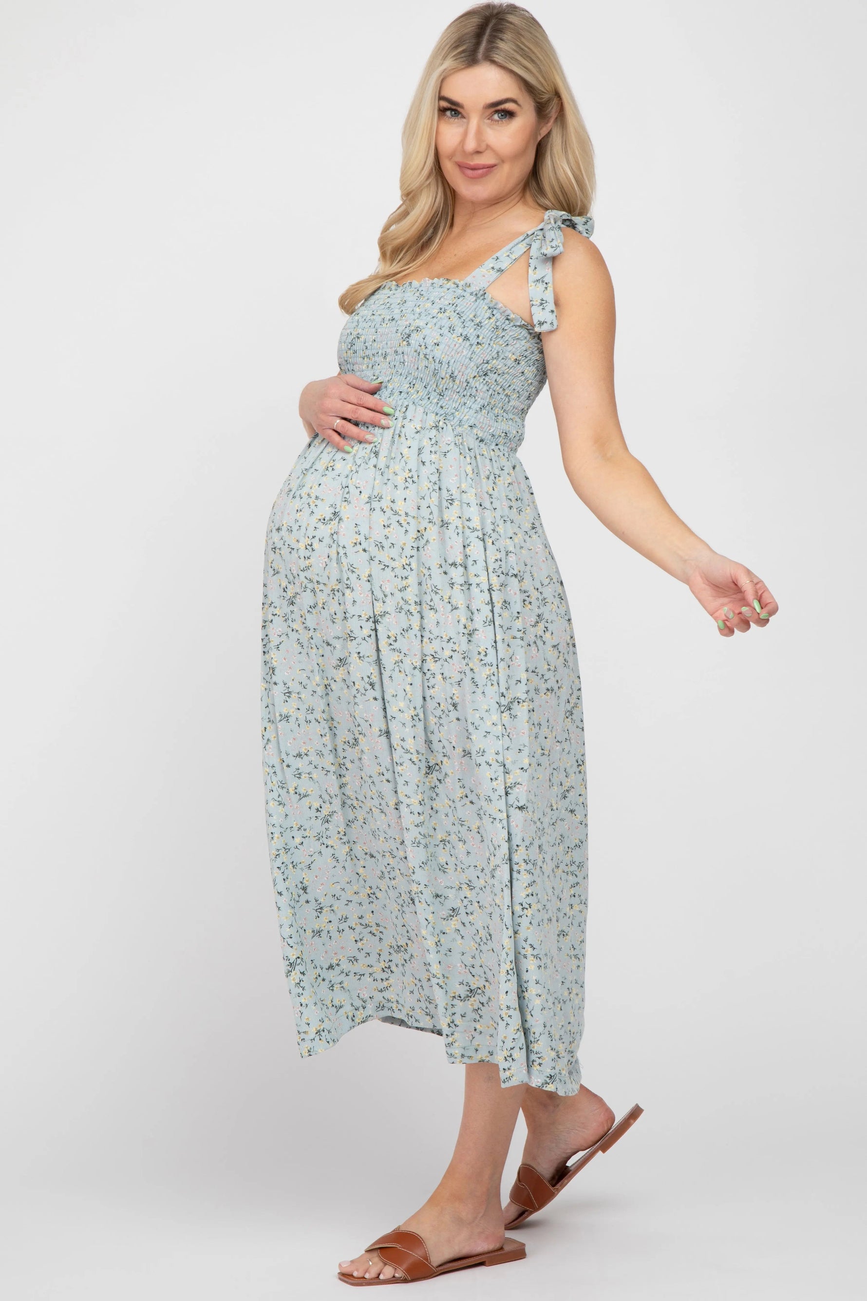 PinkBlush Light Blue Floral Smocked Tie Strap Maternity Midi Dress - 
