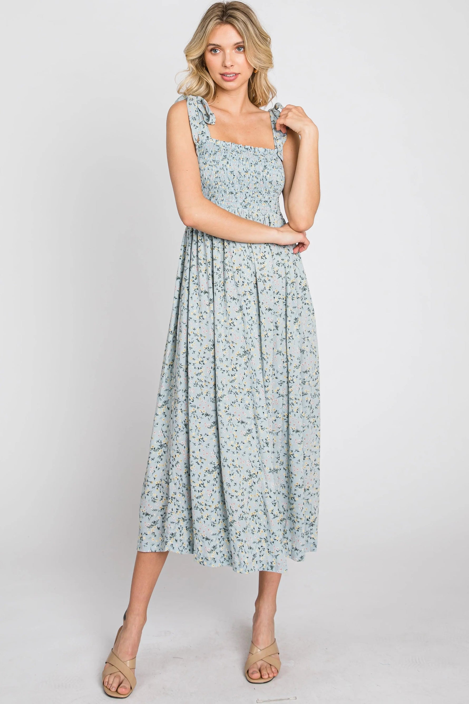 PinkBlush Light Blue Floral Smocked Tie Strap Maternity Midi Dress - 