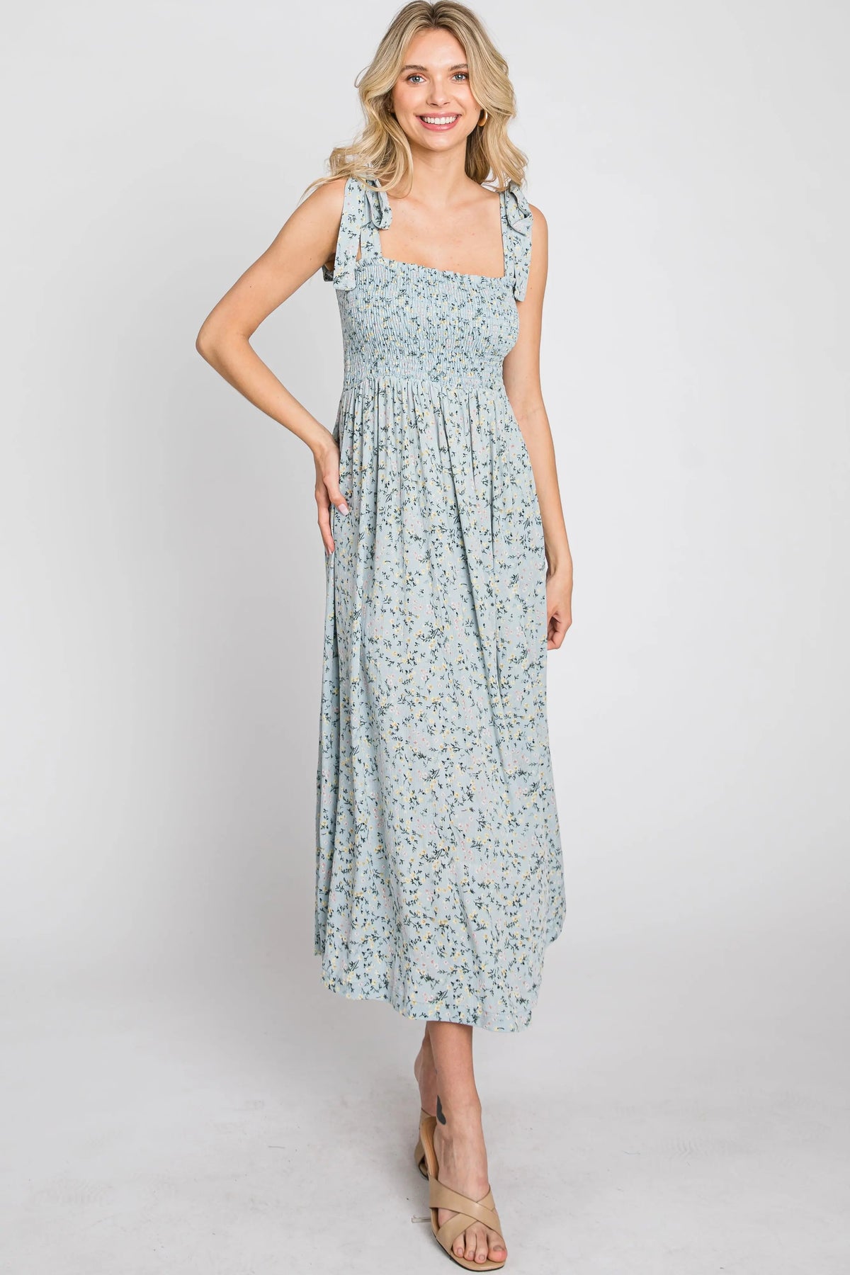PinkBlush Light Blue Floral Smocked Tie Strap Midi Dress - 