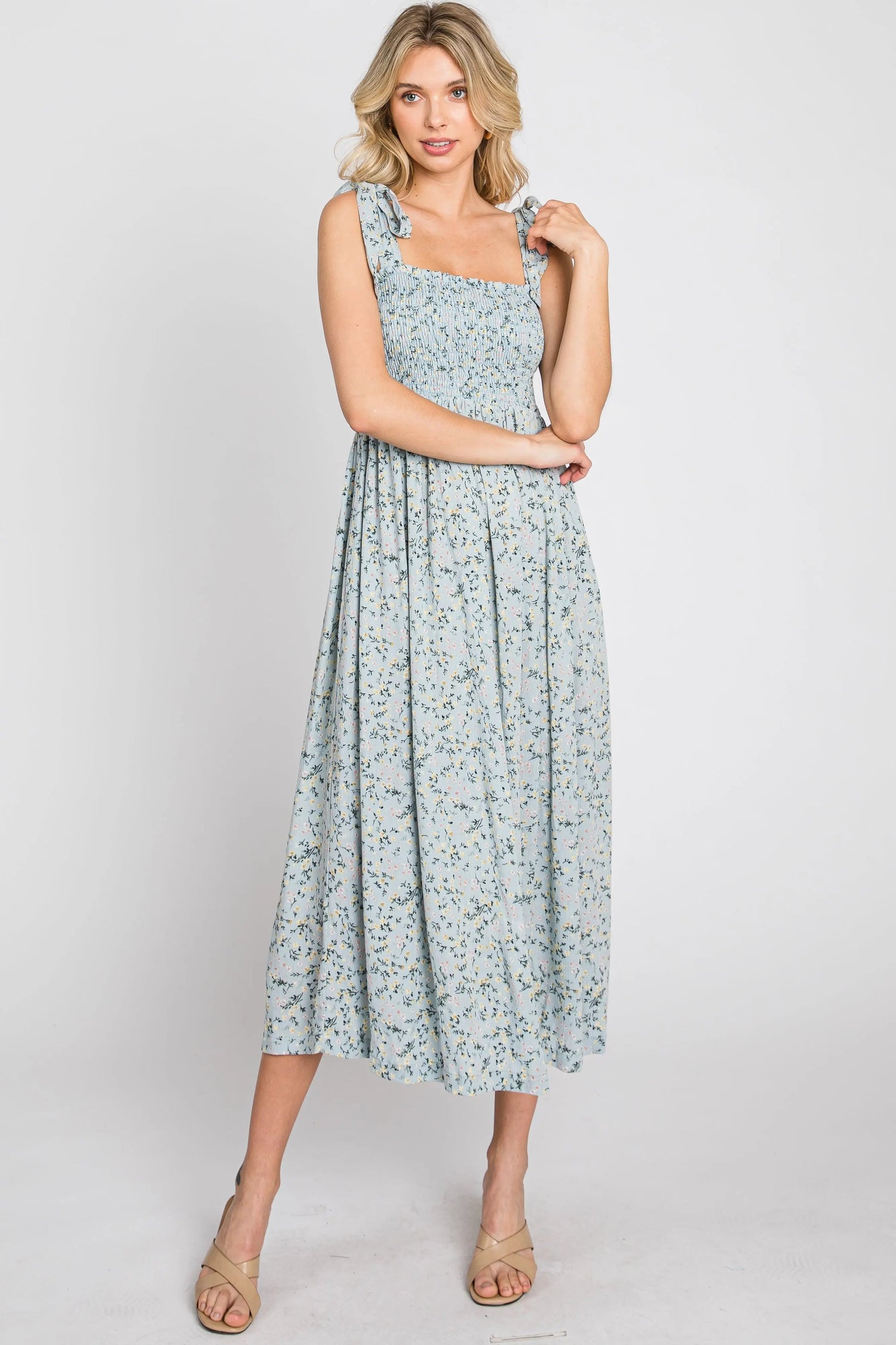 Light Blue Floral Smocked Tie Strap Midi Dress - Fashion, Neck, One-piece garment, Day Dress, Dress | Everetts Place