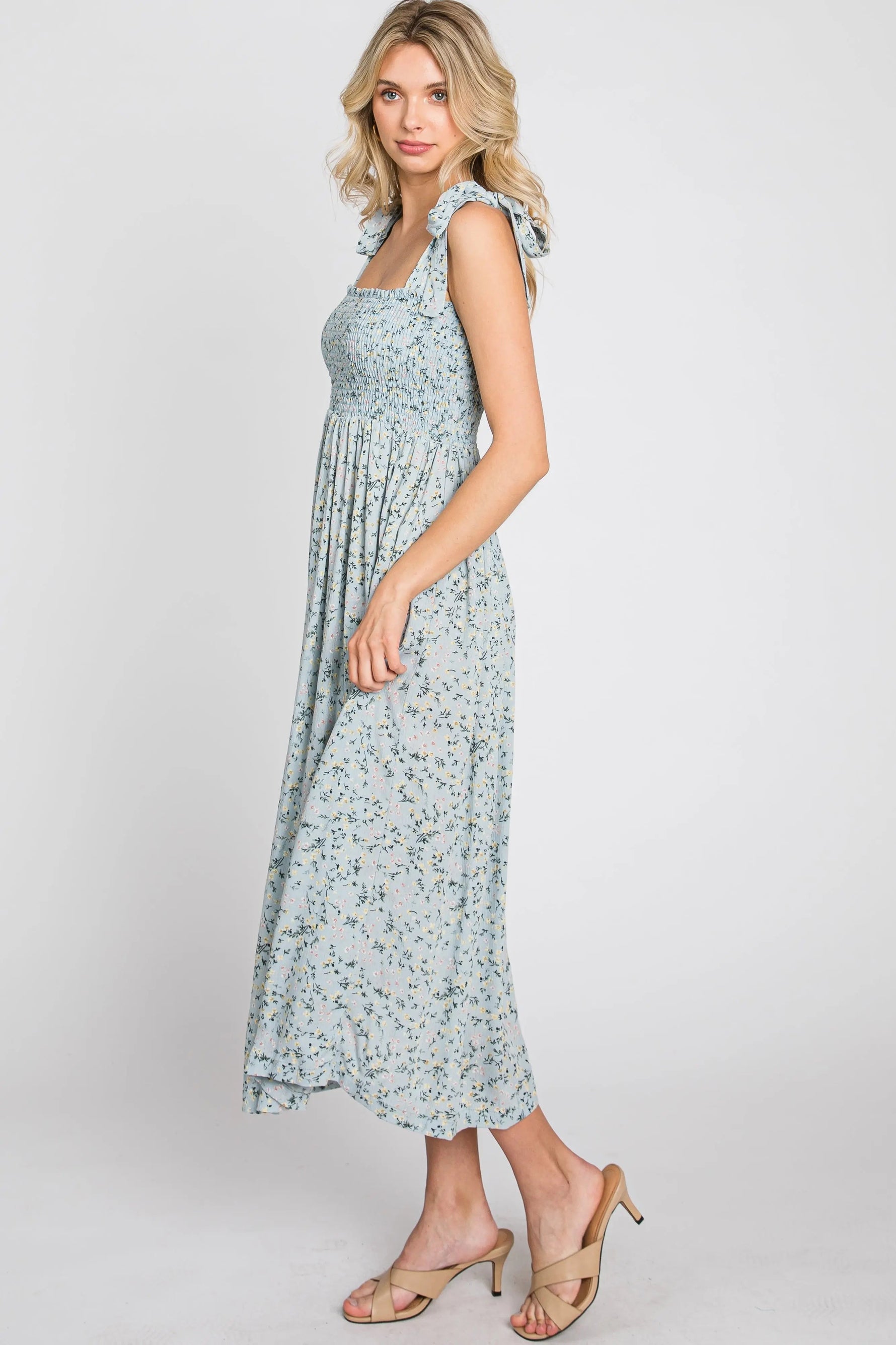 PinkBlush Light Blue Floral Smocked Tie Strap Midi Dress - 