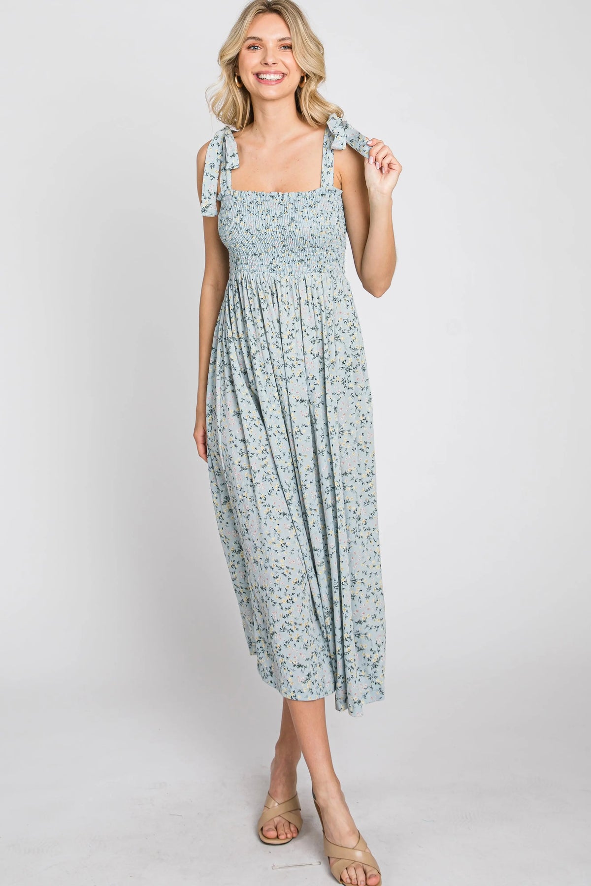 PinkBlush Light Blue Floral Smocked Tie Strap Midi Dress - 