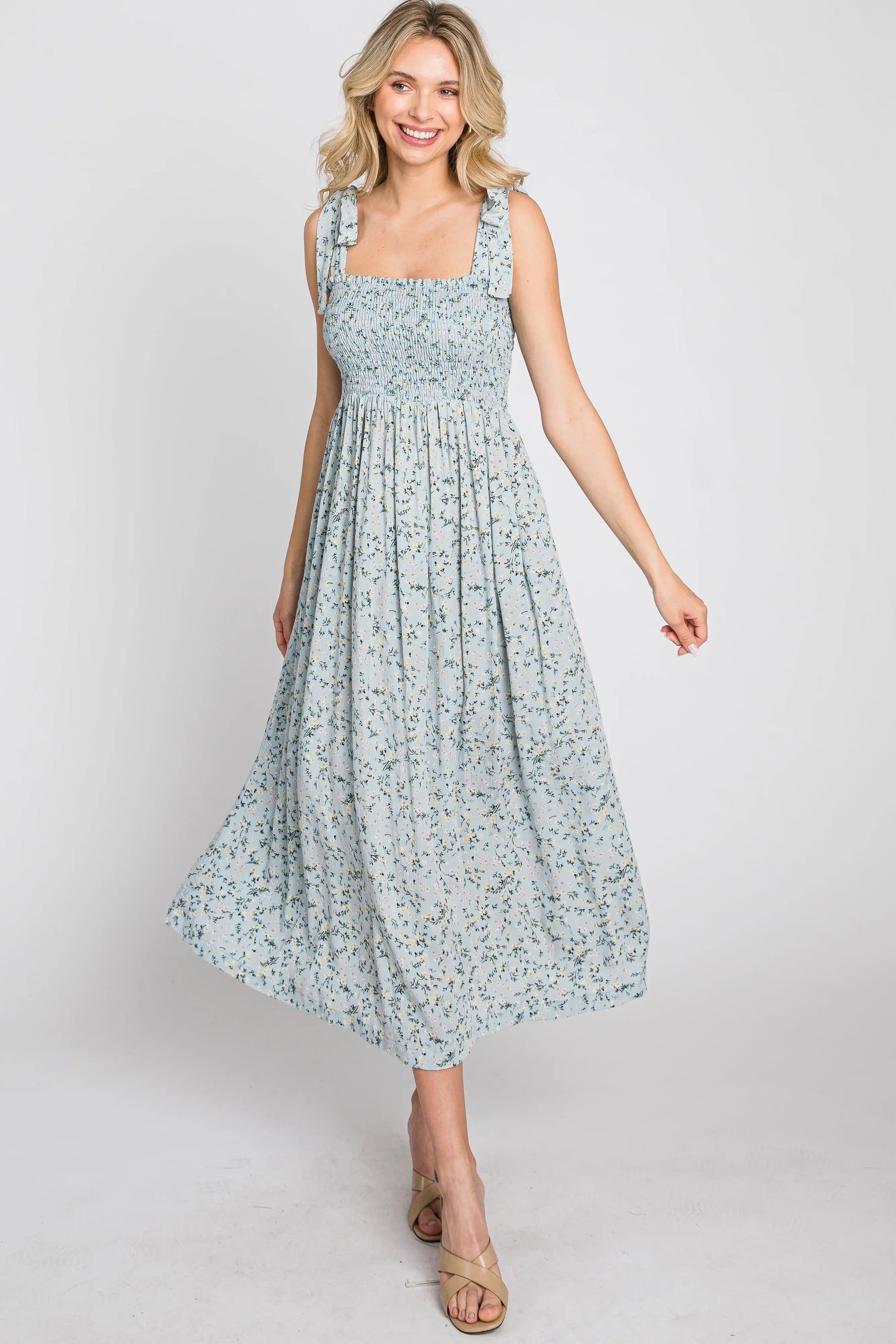 PinkBlush Light Blue Floral Smocked Tie Strap Midi Dress - 