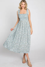 PinkBlush Light Blue Floral Smocked Tie Strap Midi Dress - 