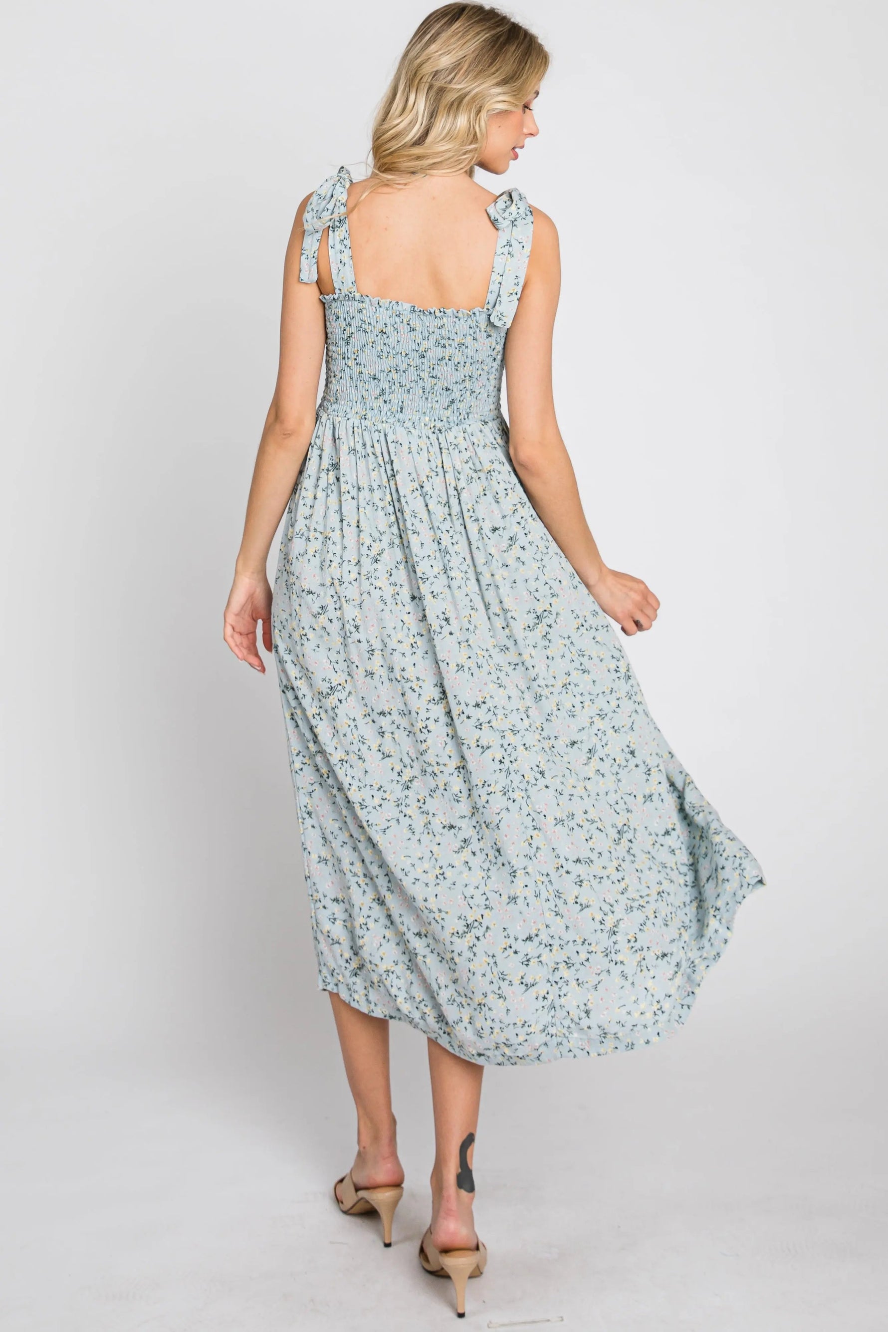PinkBlush Light Blue Floral Smocked Tie Strap Midi Dress - 