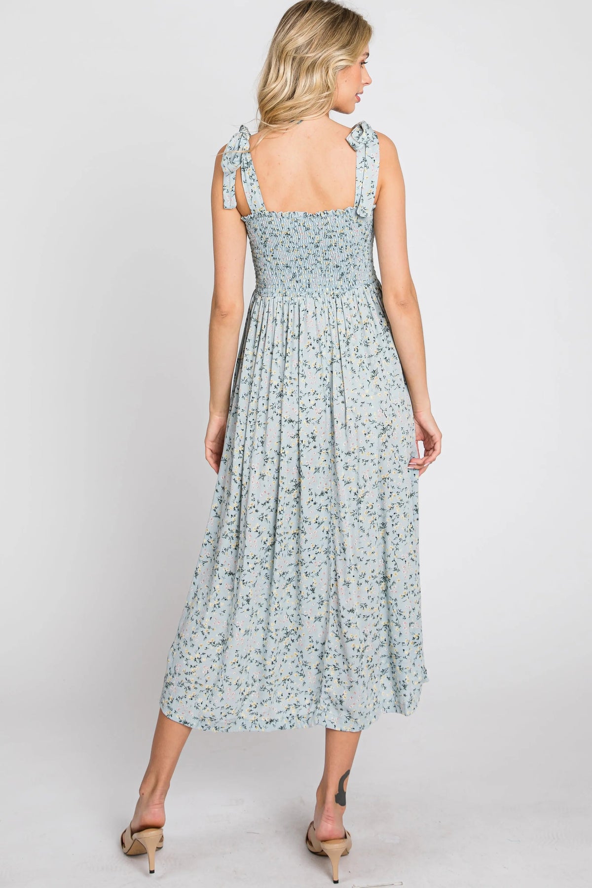 PinkBlush Light Blue Floral Smocked Tie Strap Midi Dress - 