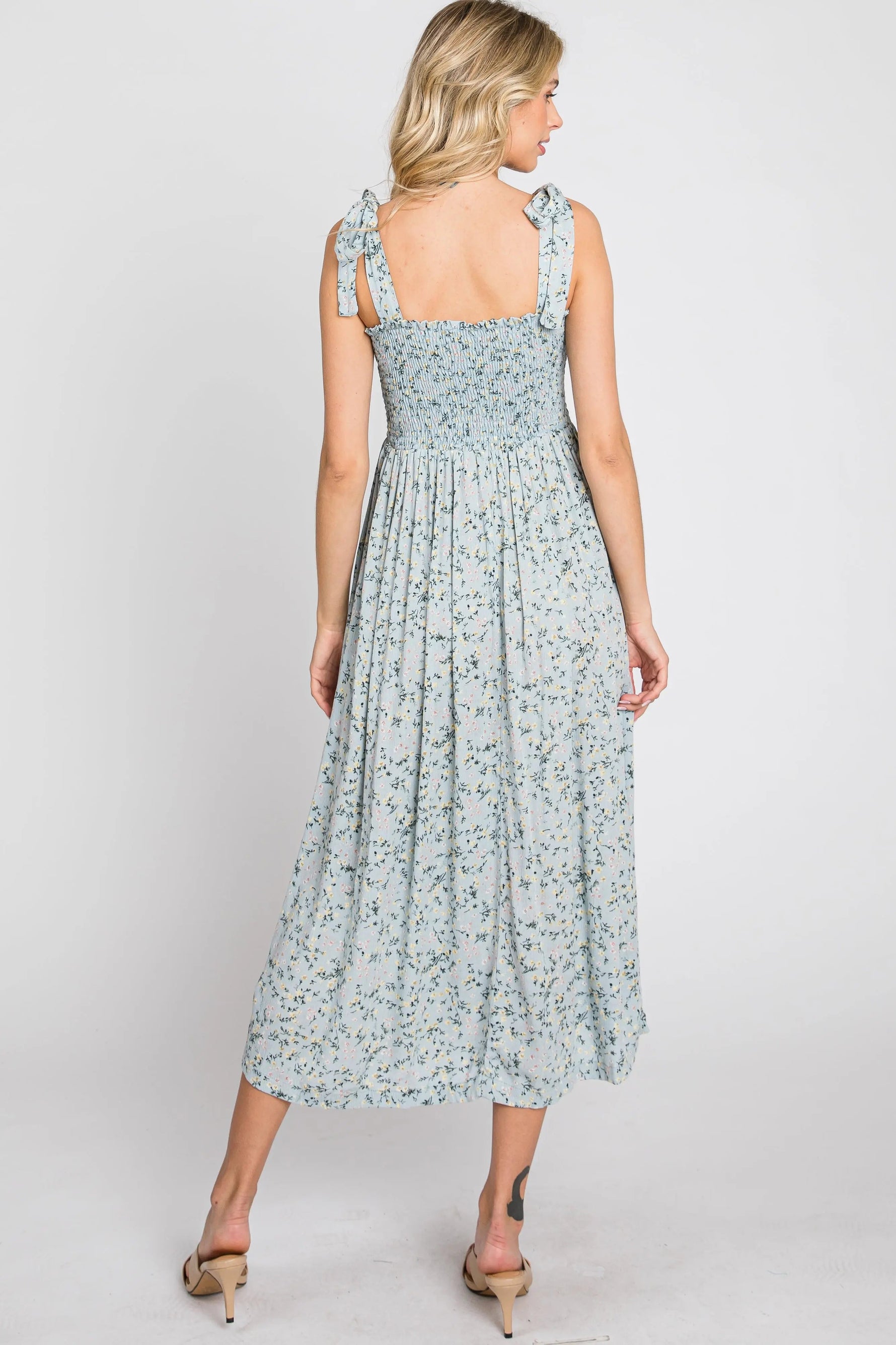 PinkBlush Light Blue Floral Smocked Tie Strap Midi Dress - 