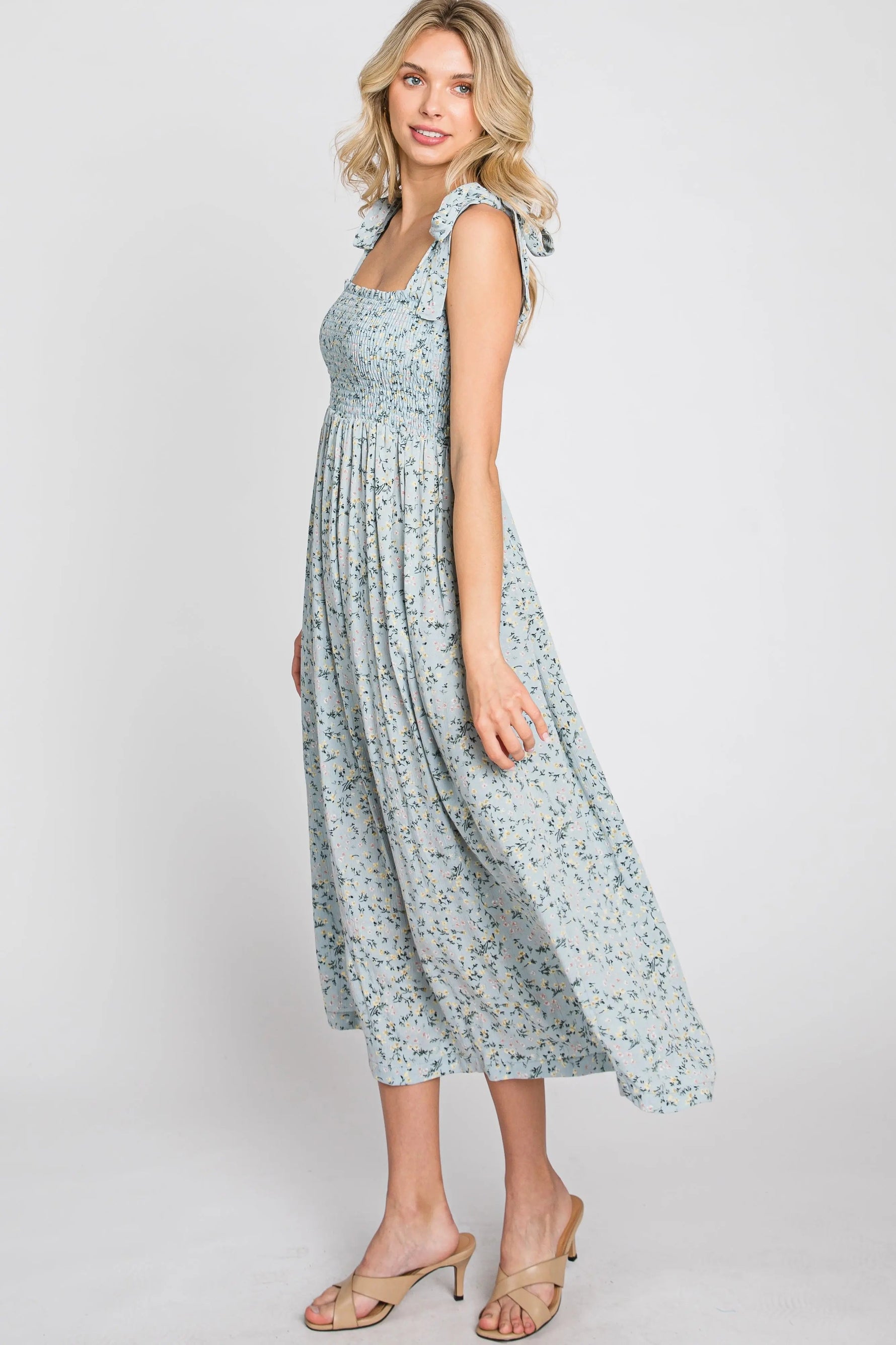 PinkBlush Light Blue Floral Smocked Tie Strap Midi Dress - 